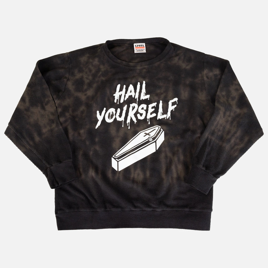 Ribbed Scoop Neck oversize sweatshirt with text on front "HAIL YOURSELF" and graphic of a coffin on female model