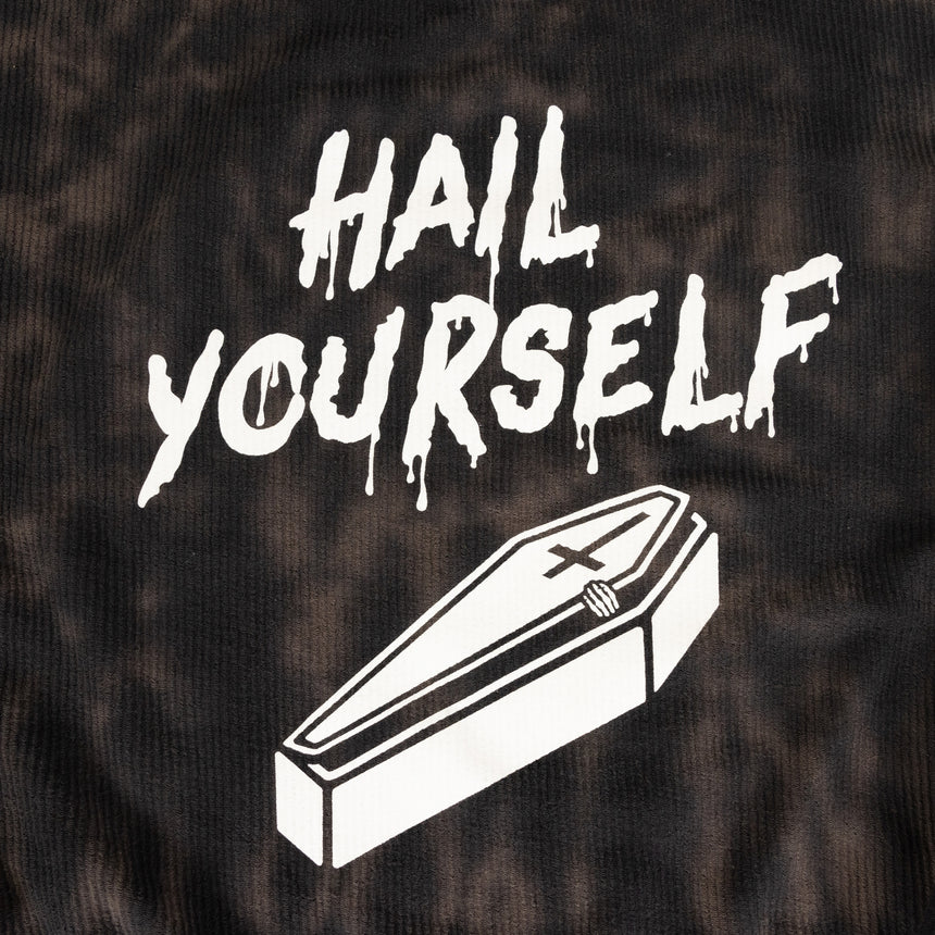 Ribbed Scoop Neck oversize sweatshirt with text on front "HAIL YOURSELF" and graphic of a coffin on female model
