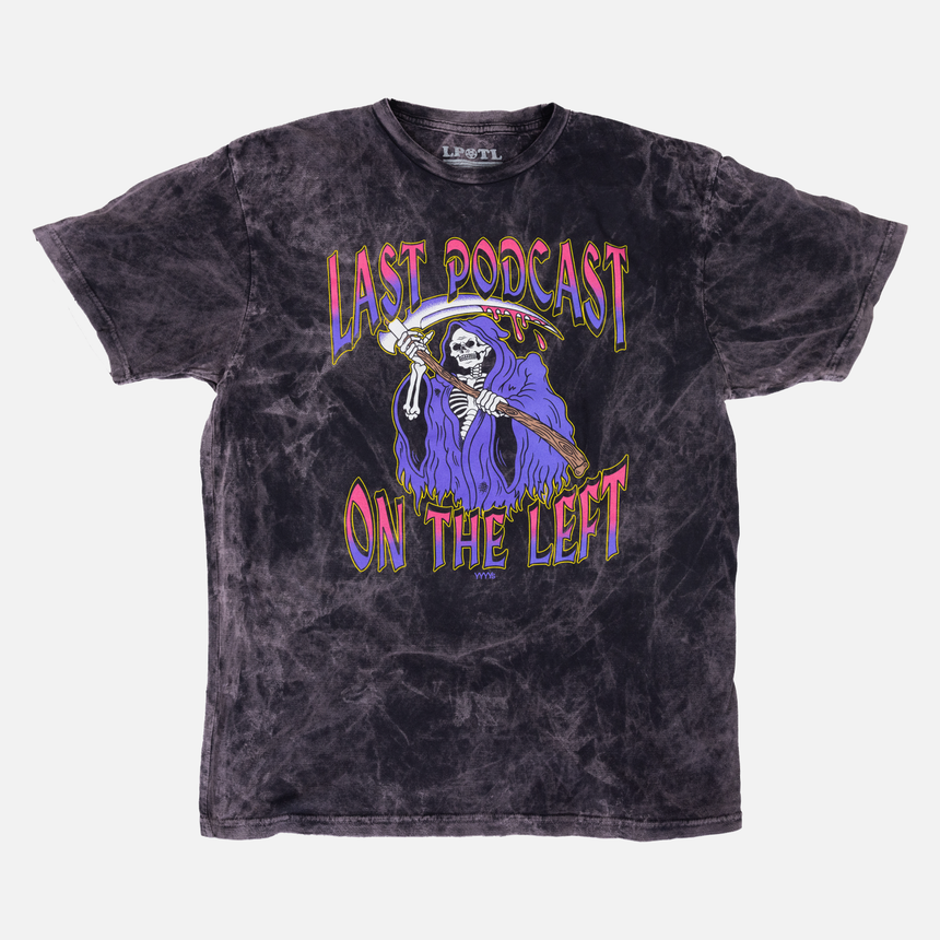 Cloud black tee with graphic of reaper on front with text "LAST PODCAST ON THE LEFT"