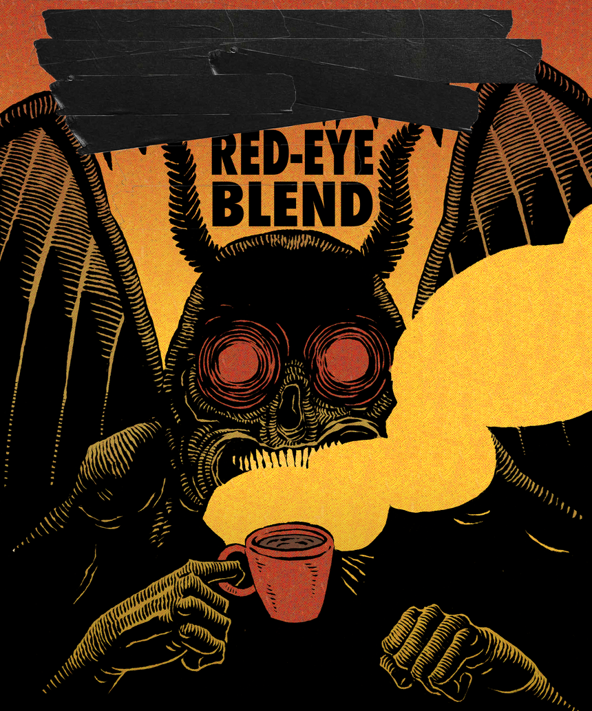 Redacted's red eye blend art with shadowy character drinking coffee