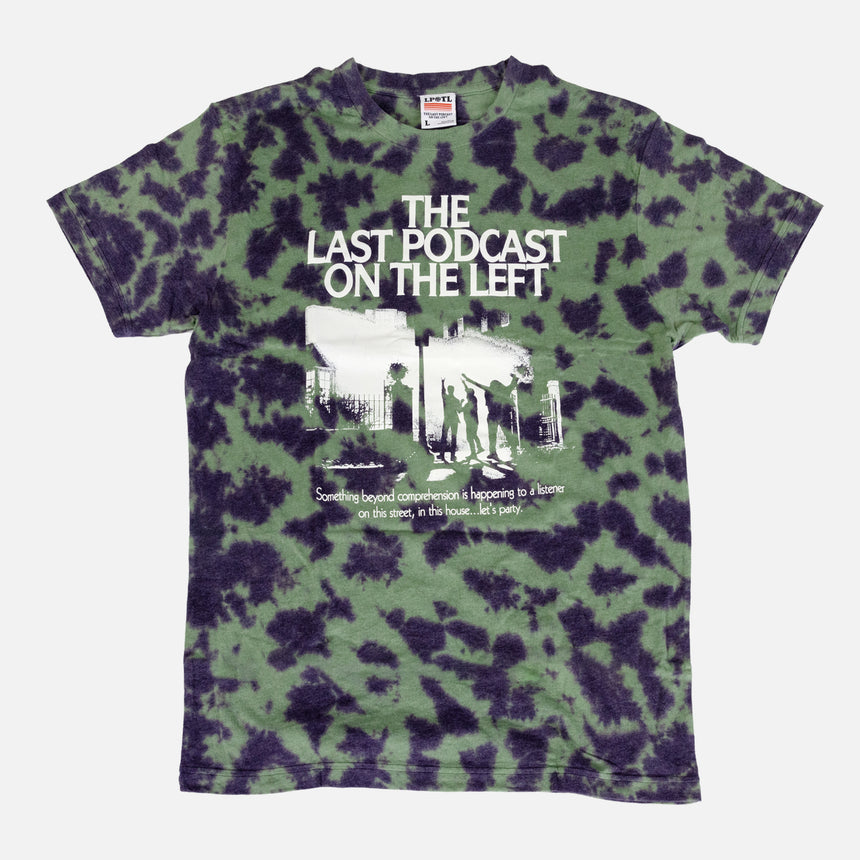 Pea soup patterned tee with with text "THE LAST PODCAST ON THE LEFT something beyond comprehension is happening to a listener on this street, in this house... let's party" AND defilers graphic