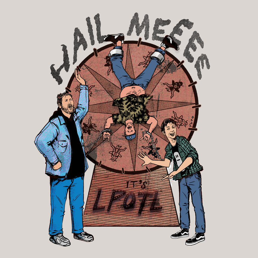 Man in Sand Heather shirt with graphic of Man on spinning wheel and HAIL MEEEE IT'S LPOTL text