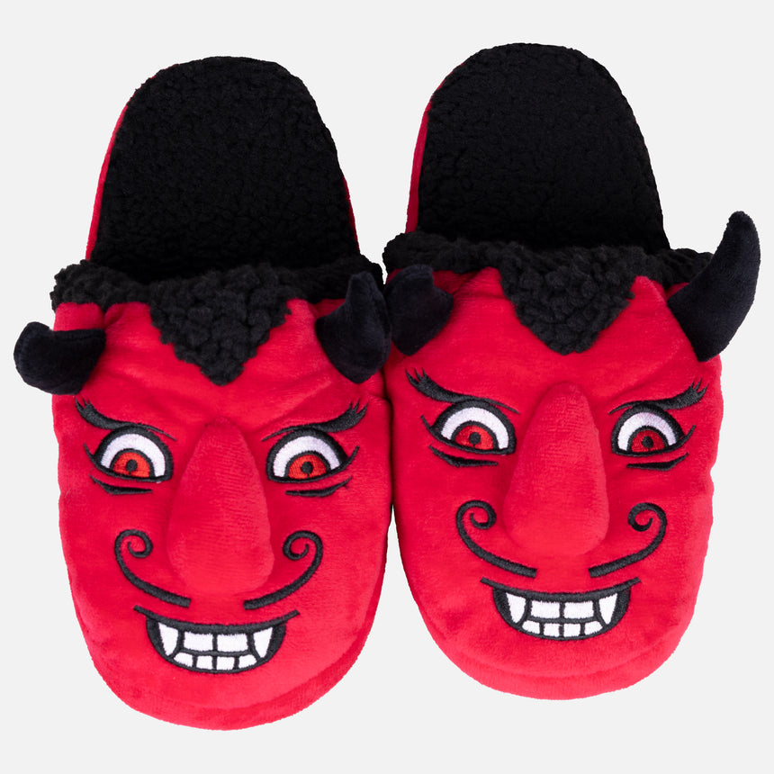 Red and black slippers with devils face and horns
