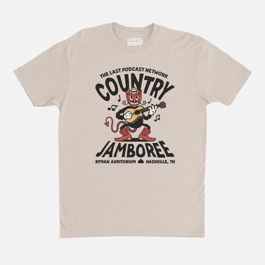 photo of country jamboree tee with devil character playing guitar in center. country jamboree in large font surrounding. ryman auditorium nashville , tn  at bottom. the last podcast network at top.