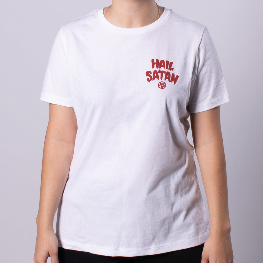 Hail Satan Women's Relaxed Jersey Tee front white with red text