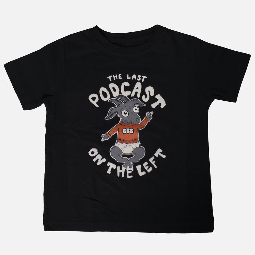 Baby Aleister Toddler Tee front with baby goat graphic surrounded by the last podcast on the left text