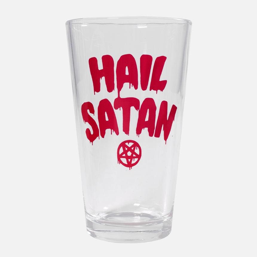 Hail Satan pint glass with red text