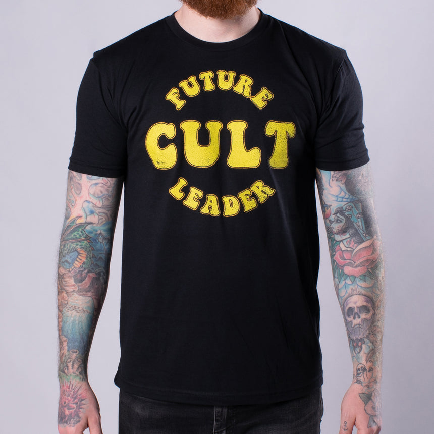 tshirt with future cult leader text in yellow on black shirt