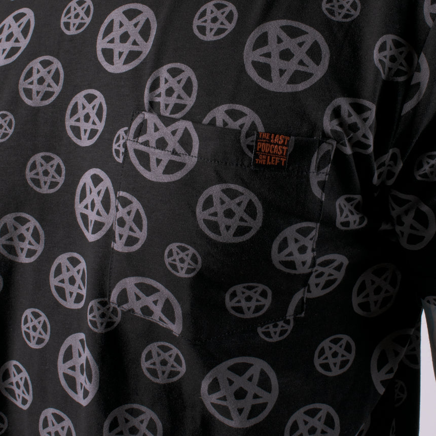 man in black pocket shirt with pentagram print