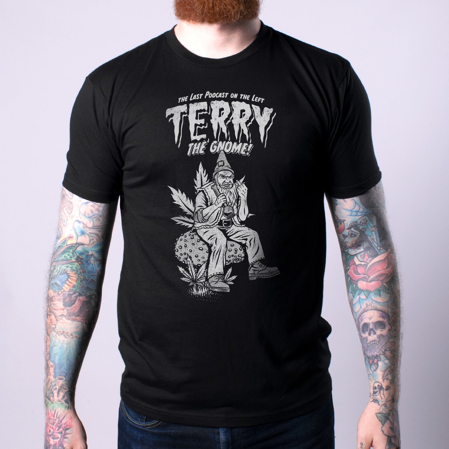 Gnome Men's Tee front on man white graphic on black shirt