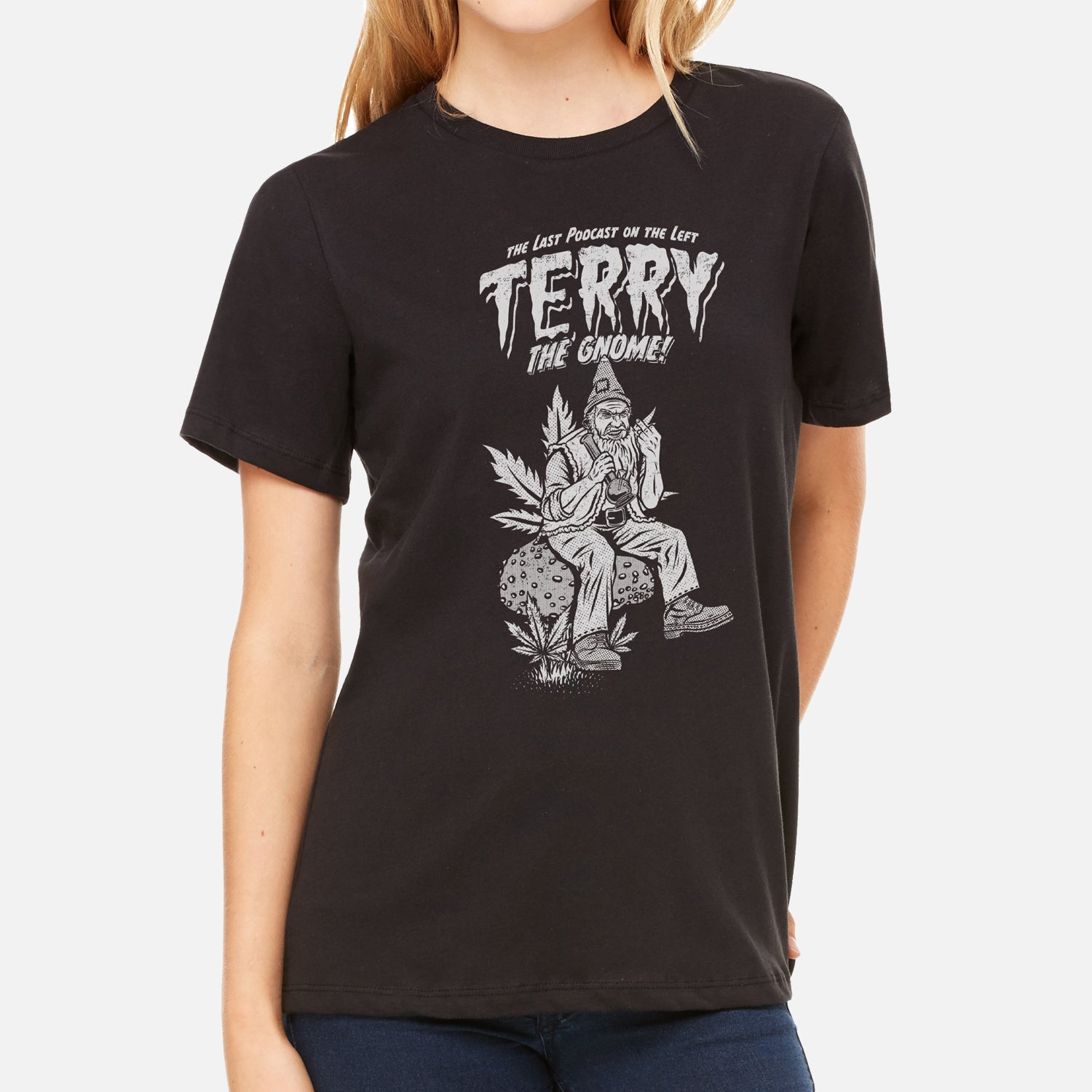 Gnome Women's Tee with white graphic on black shirt