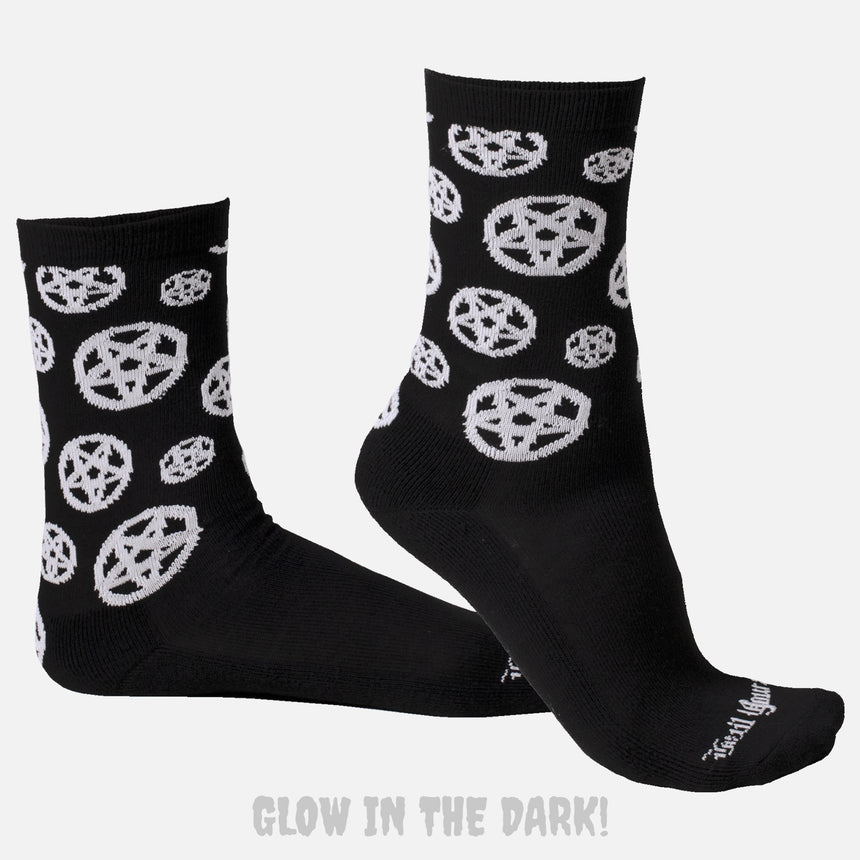 side view of Glow in the dark black socks with white glow in the dark pentagrams on ankle and hail yourself on toes