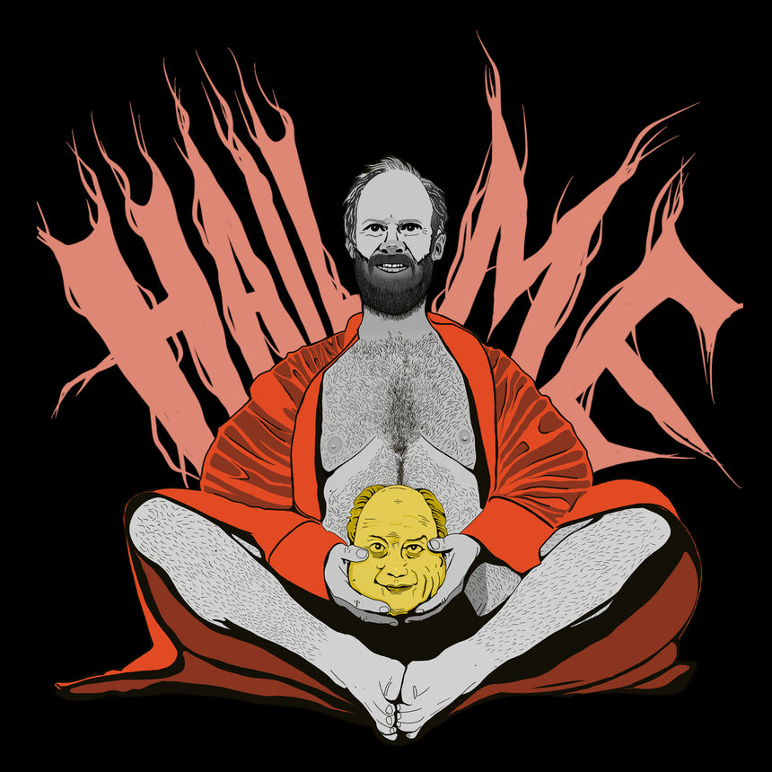 tee featuring hail me text and man sitting graphic