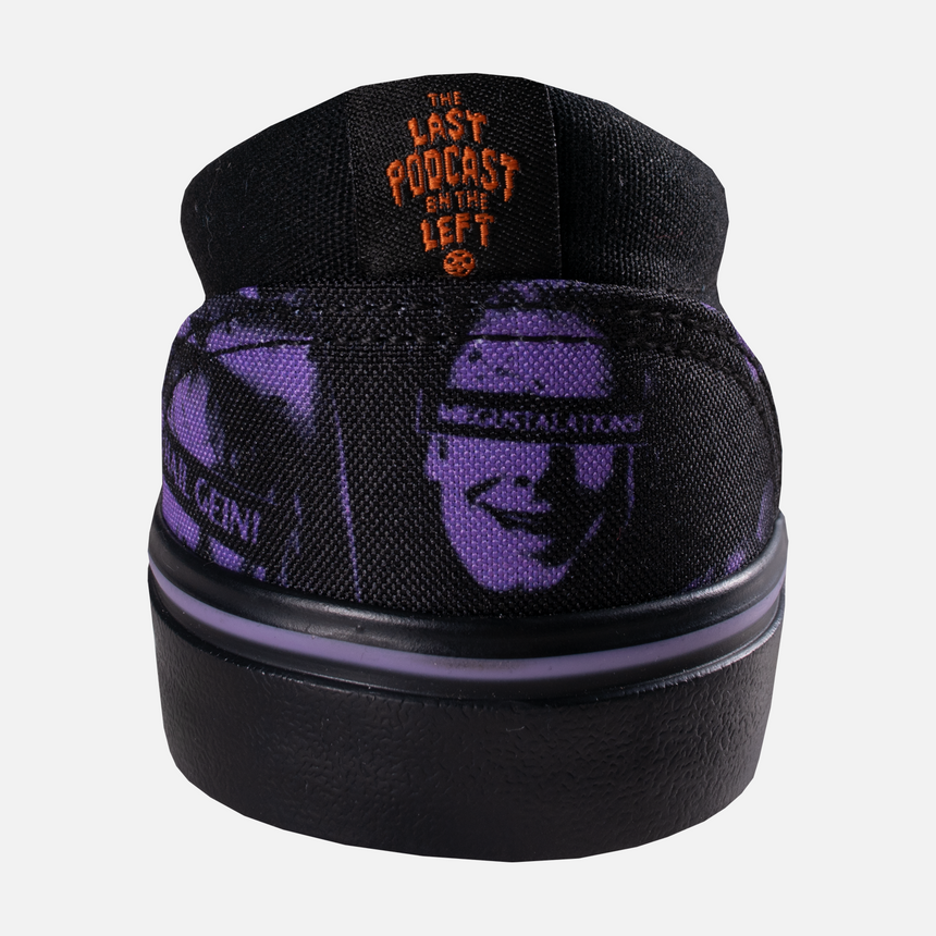 Black slip on shoes with purple LPOTL Faces Print