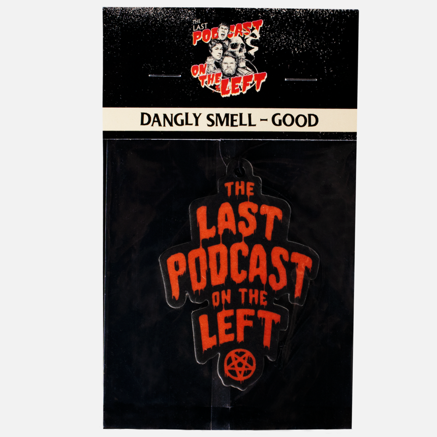 Black and red airfreshner with the last podcast on the left text