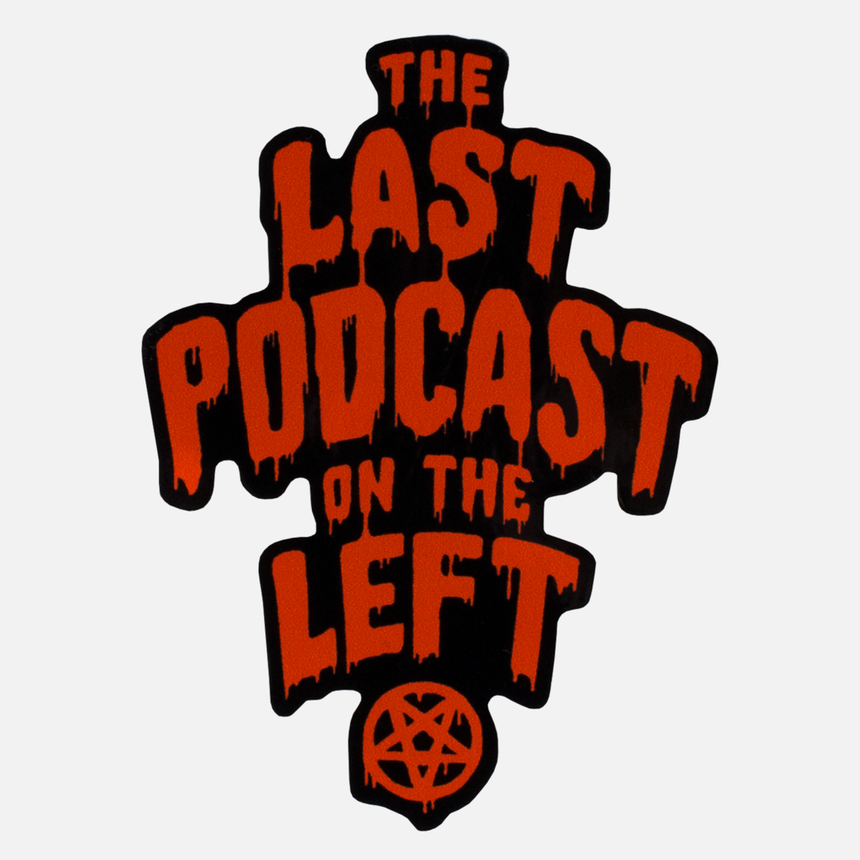 Red and black decal with the last podcast on the left text