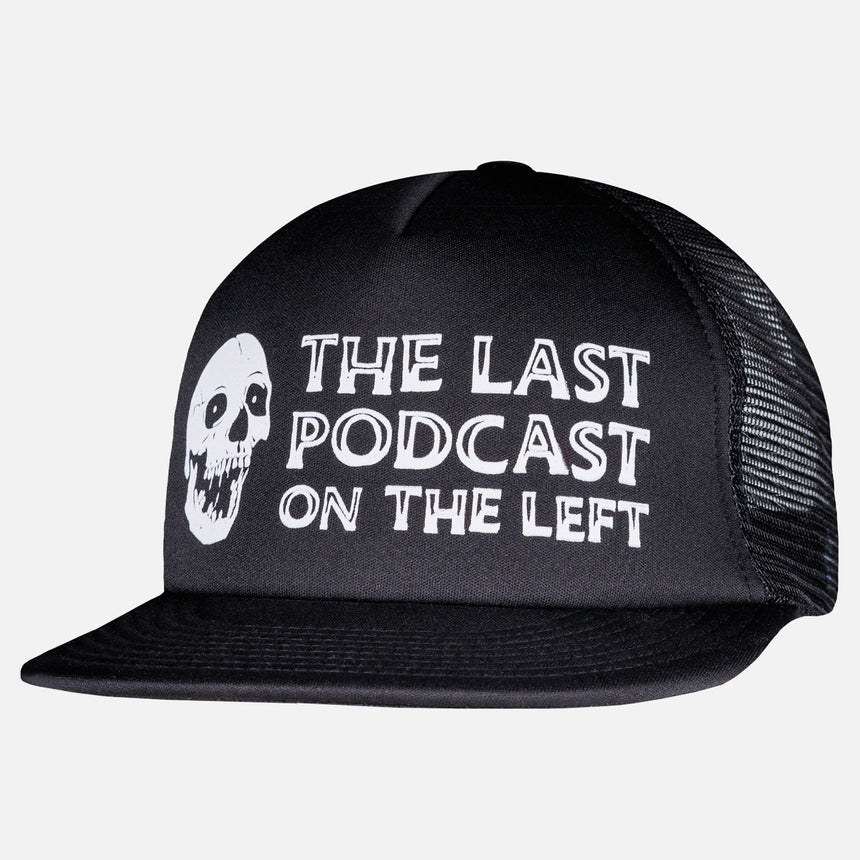 black hat with white skull graphic on front and white text "THE LAST PODCAST ON THE LEFT"