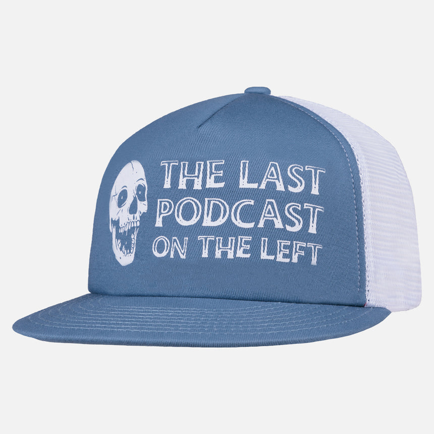 Slate and white meshback snapback with skull graphic on front with text reading THE LAST PODCAST ON THE LEFT
