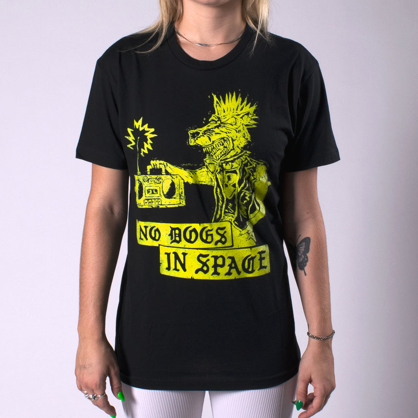 Man in black shirt with yellow rabid dog graphic with text NO DOGS IN SPACE