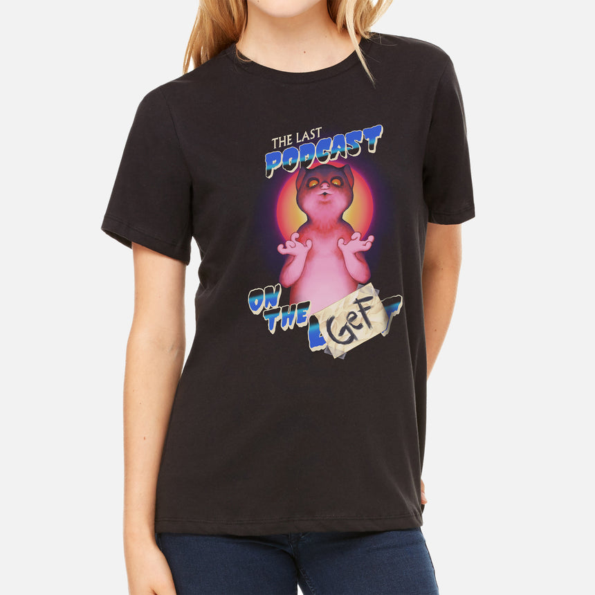 Woman in shirt with pink graphic and blue text the last podcast on the gef