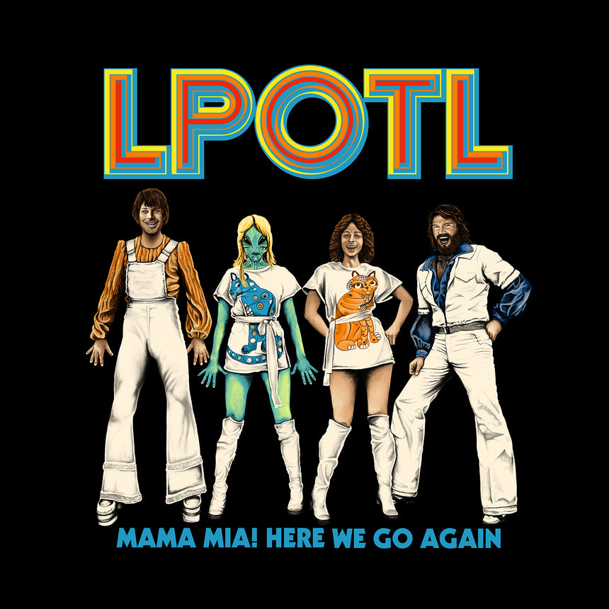 Man in black tshirt with LPOTL graphic with text MAMA MIA! HERE WE GO AGAIN