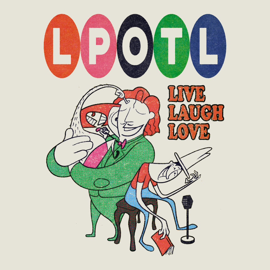 Woman In vintage white shirt with colorful vintage graphic and Text "LPOTL LIVE LAUGH LOVE"