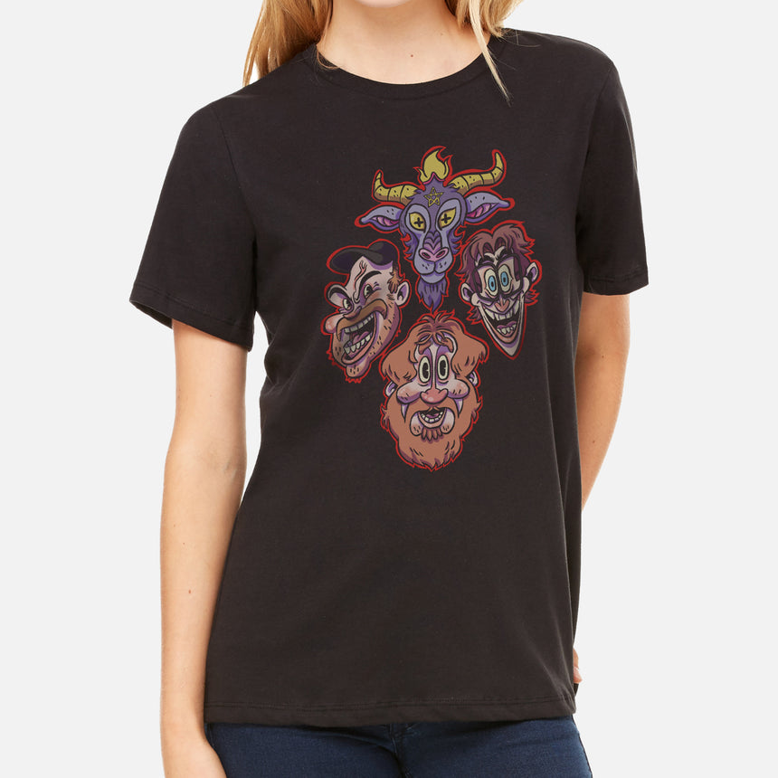 Woman in black tee with graphic of the hosts faces and goats head