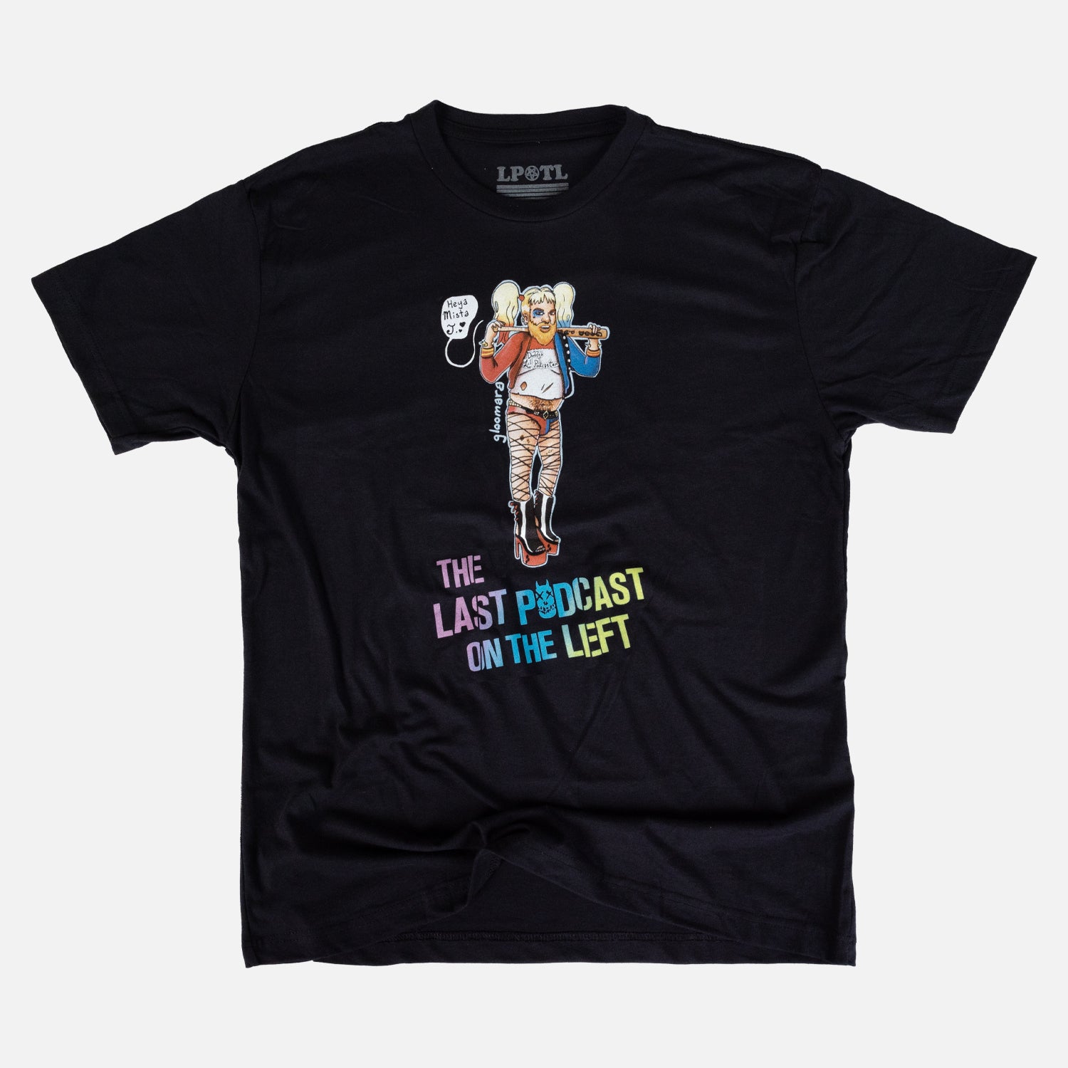 Black shirt with graphic of Henry stylized as Harley with text "THE LAST PODCAST ON THE LEFT"