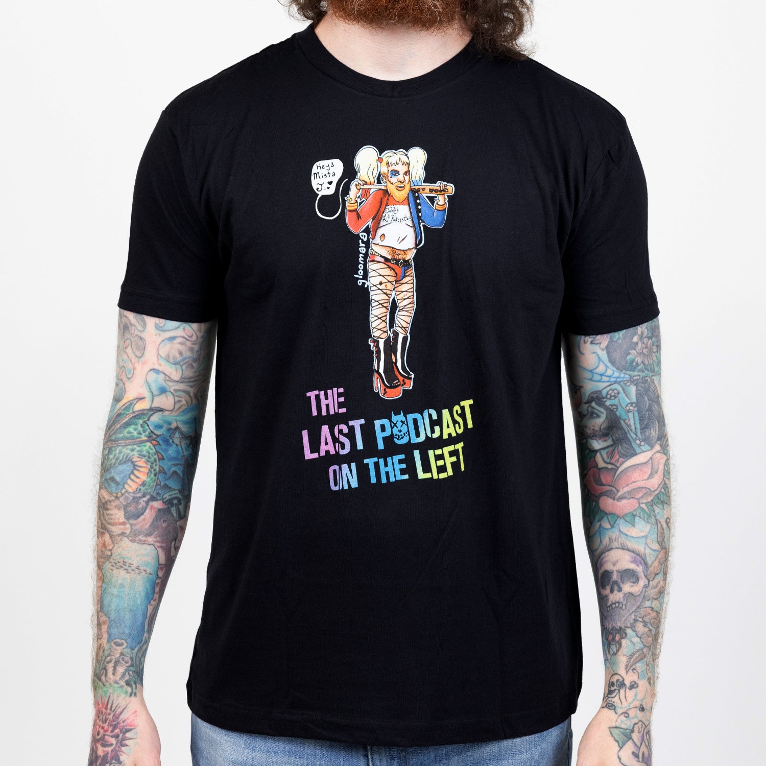 Black shirt on male model with graphic of Henry stylized as Harley with text "THE LAST PODCAST ON THE LEFT"