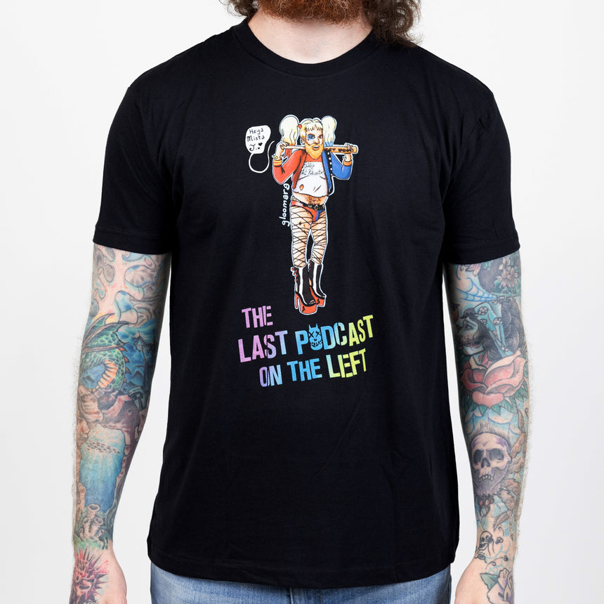 Black shirt with graphic of Henry stylized as Harley with text "THE LAST PODCAST ON THE LEFT"