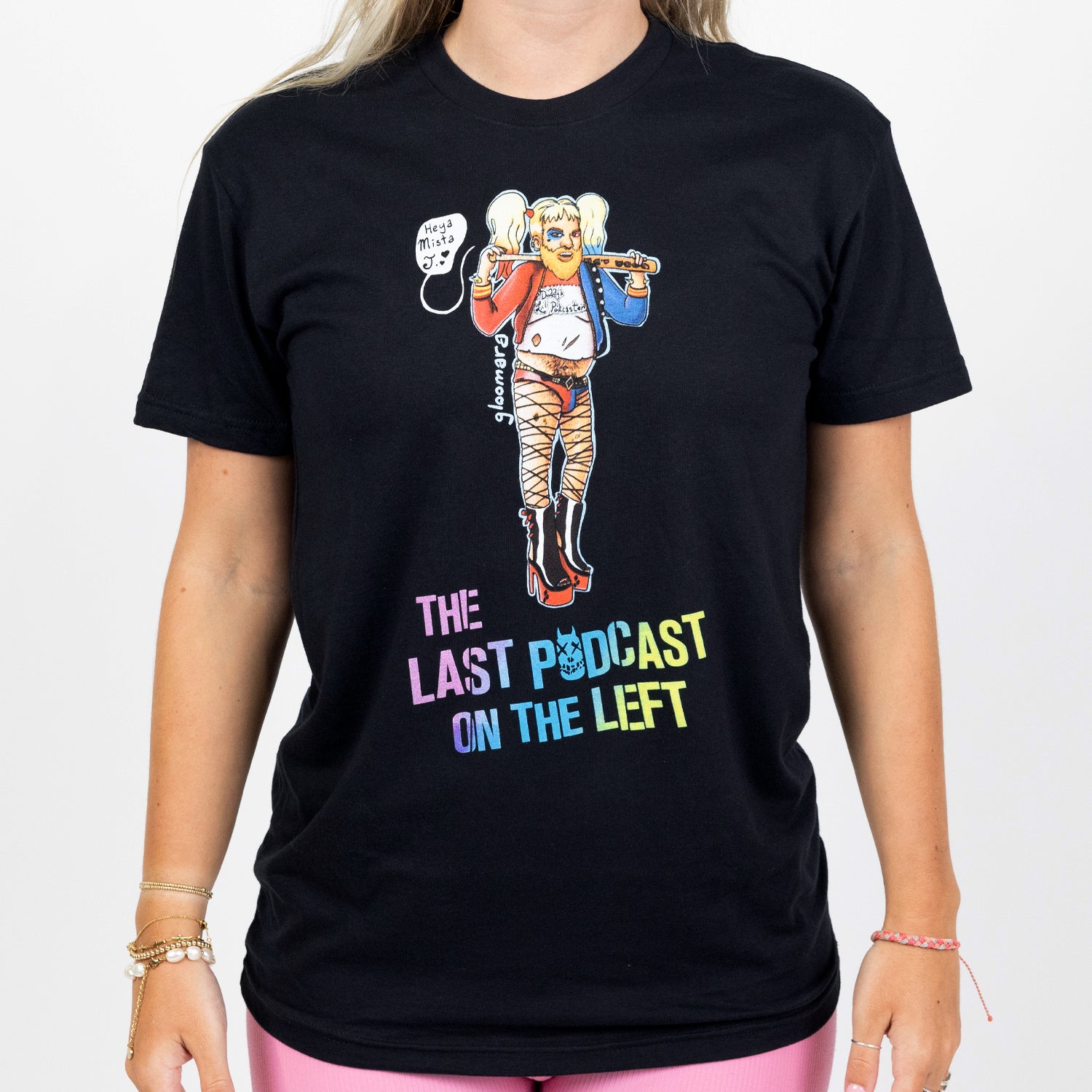 Black shirt on female with graphic of Henry stylized as Harley with text "THE LAST PODCAST ON THE LEFT"