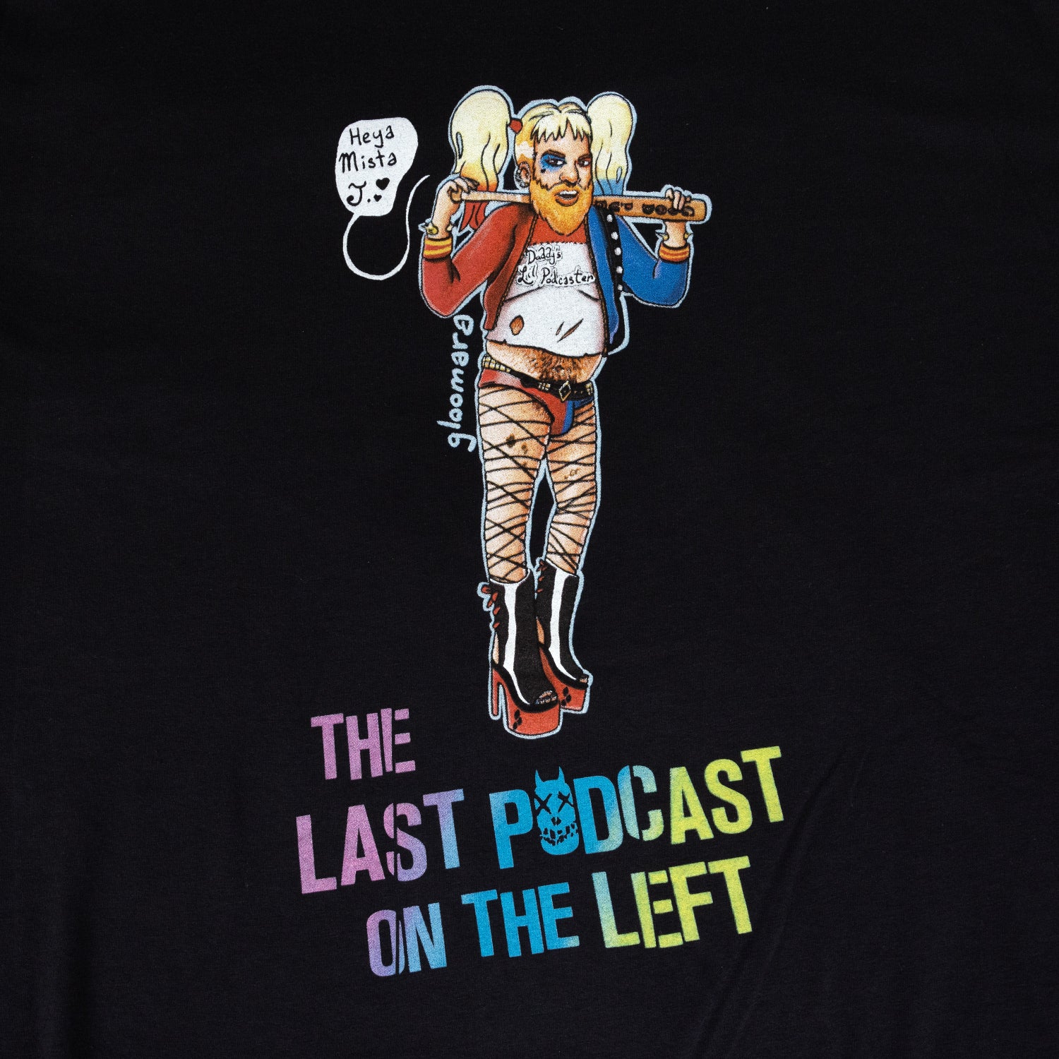 closeup of graphic on Black shirt of Henry stylized as Harley with text "THE LAST PODCAST ON THE LEFT"