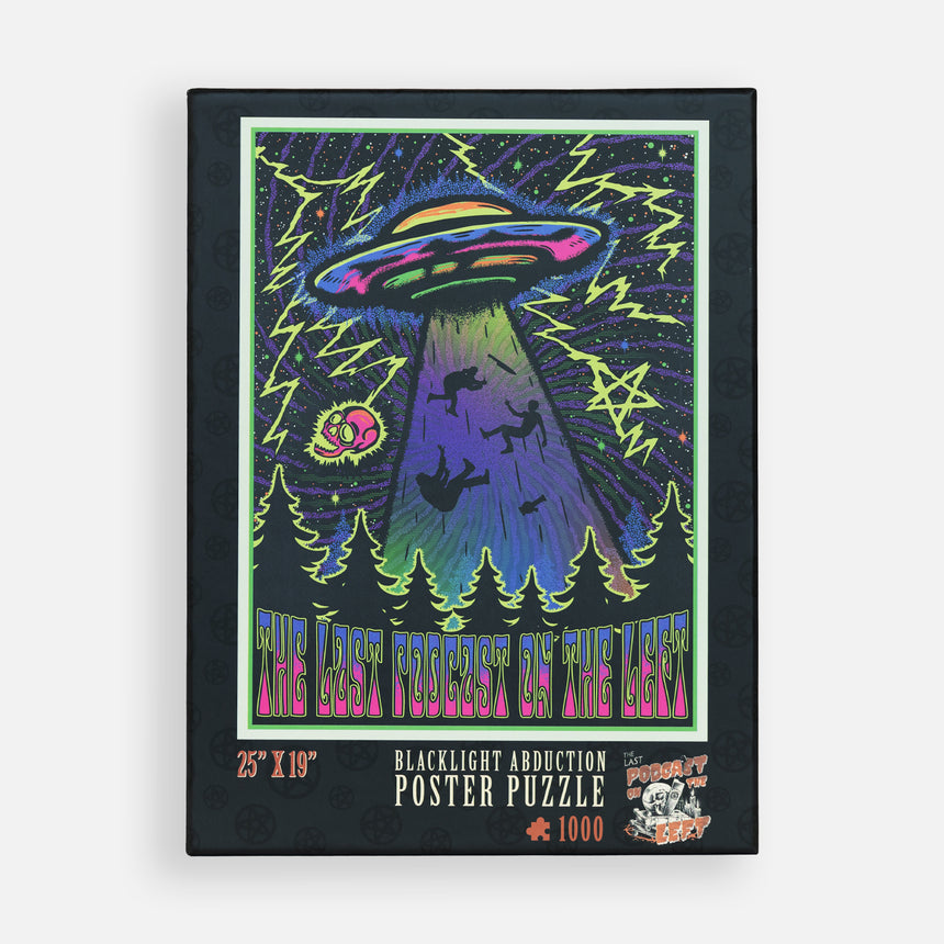 puzzle featuring image of flying saucer beaming up 3 people with text "THE LAST PODCAST ON THE LEFT" 25" x 19" BLACKLIGHT ABDUCTION POSTER PUZZLE 1000 Pieces