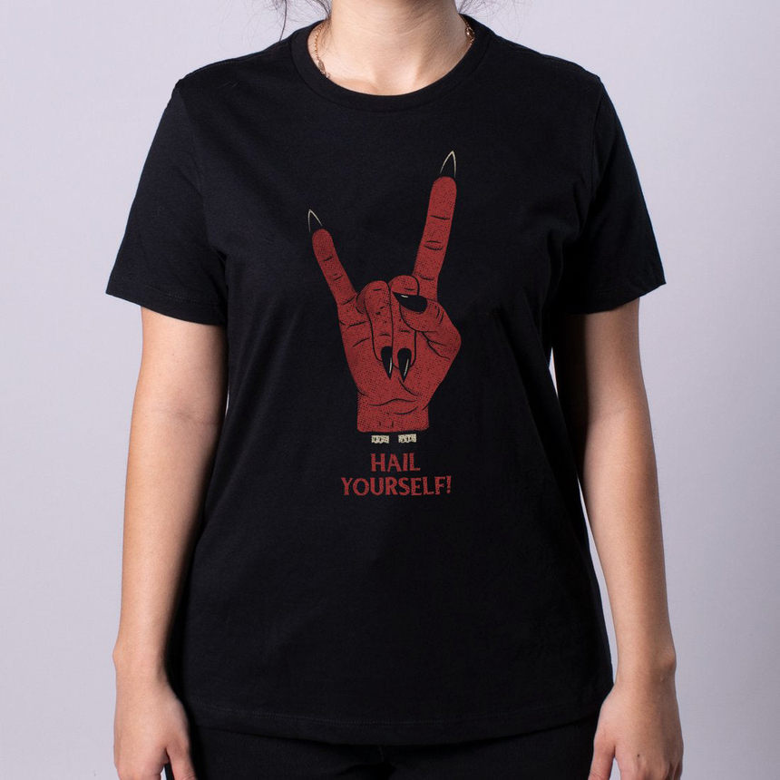 Hail Yourself Women's Relaxed Jersey Tee front featuring hand making devil horns graphic