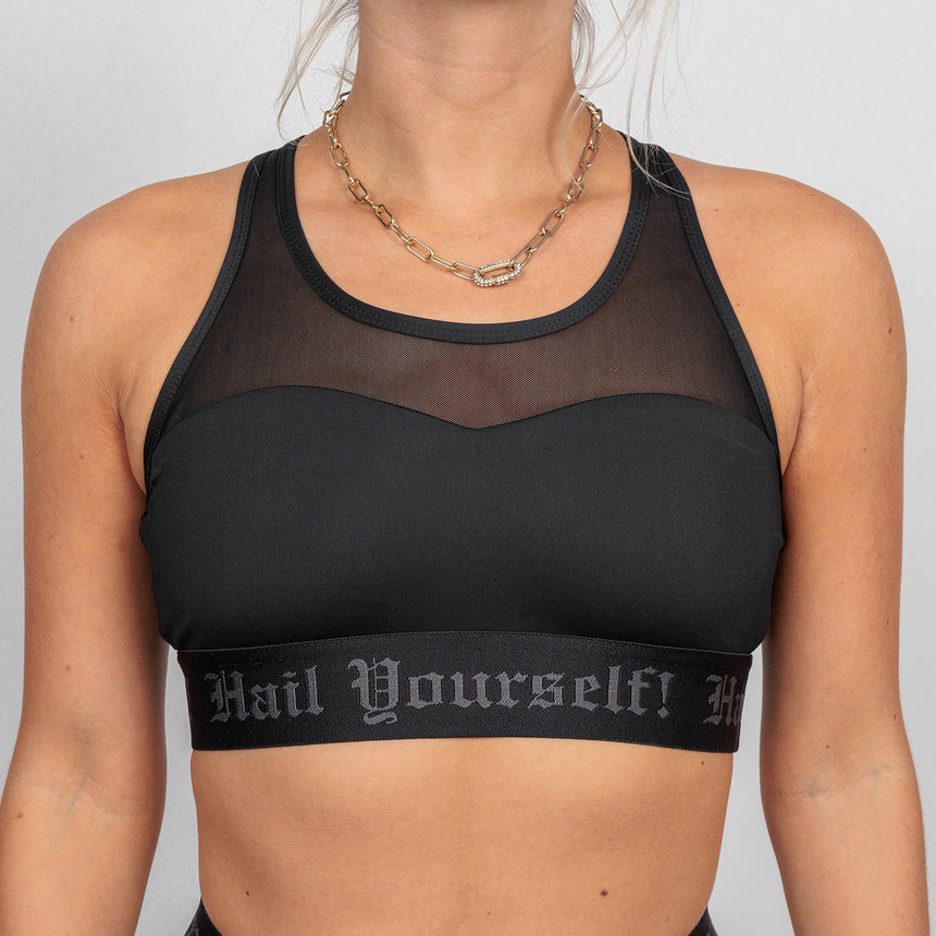 Front view of ladies High Neck Sports Bra with "Hail Yourself!" Text on bottom band