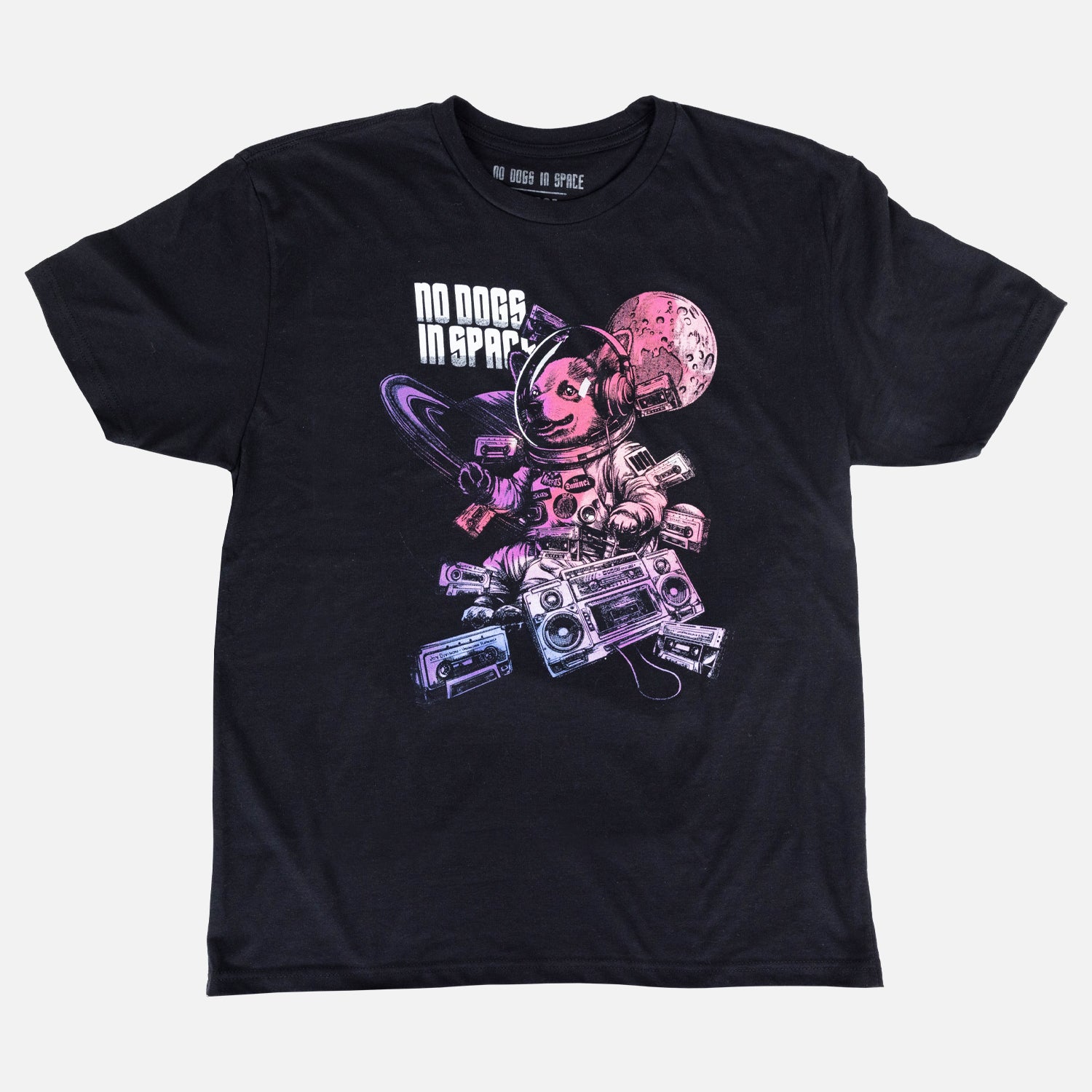 black shirt with text "NO DOGS IN SPACE" with graphic of dog in space suit with boombox