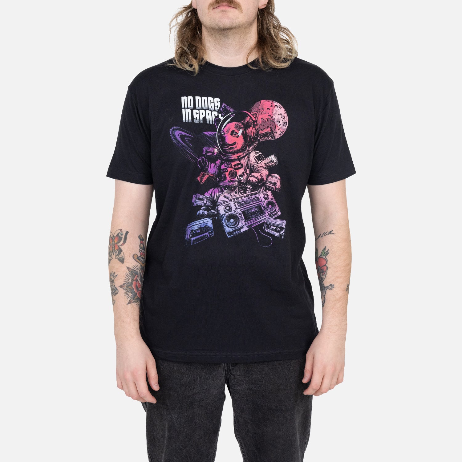 black shirt on male model with text "NO DOGS IN SPACE" with graphic of dog in space suit with boombox