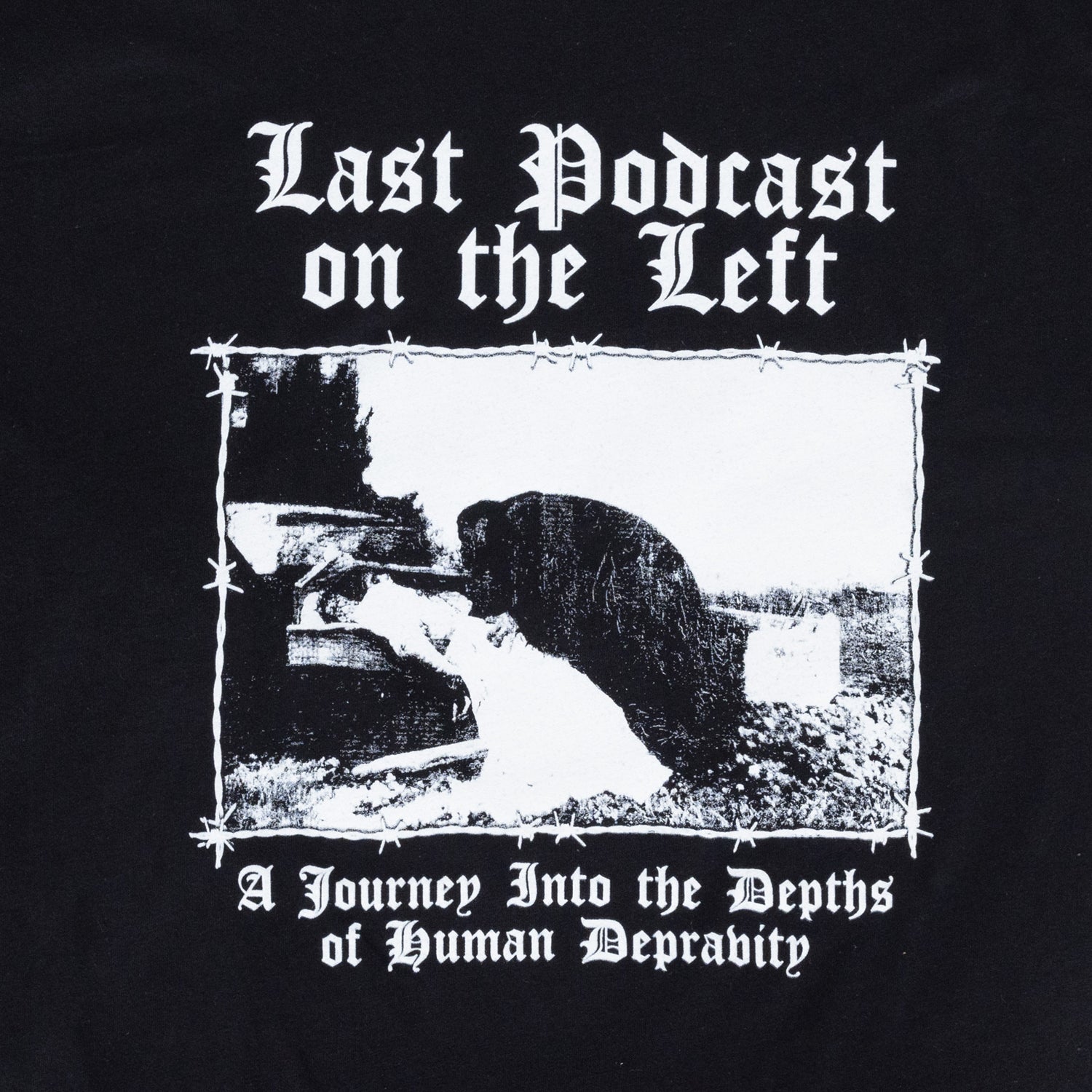 closeup of Necro-metal graphic with text "LAST PODCAST ON THE LEFT A Journey Into the Depths of human Depravity"