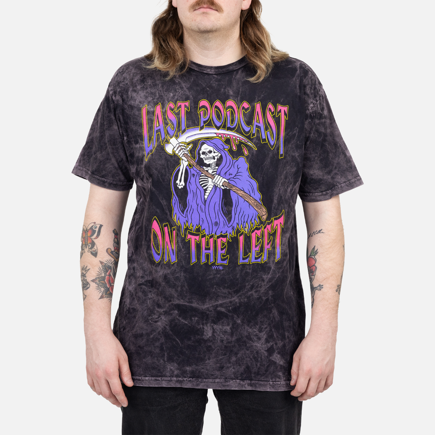 Cloud black tee with graphic of reaper on front with text "LAST PODCAST ON THE LEFT"