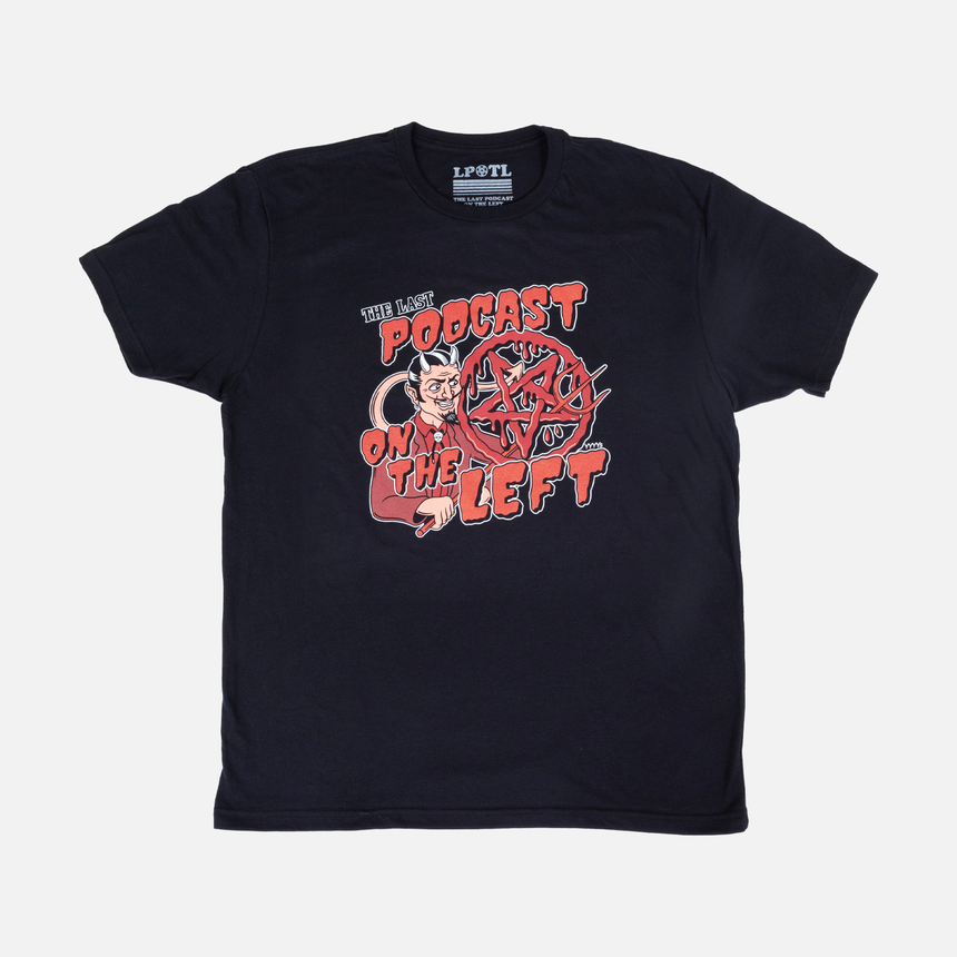 Baby Aleister Toddler Tee front with baby goat graphic surrounded by the last podcast on the left text