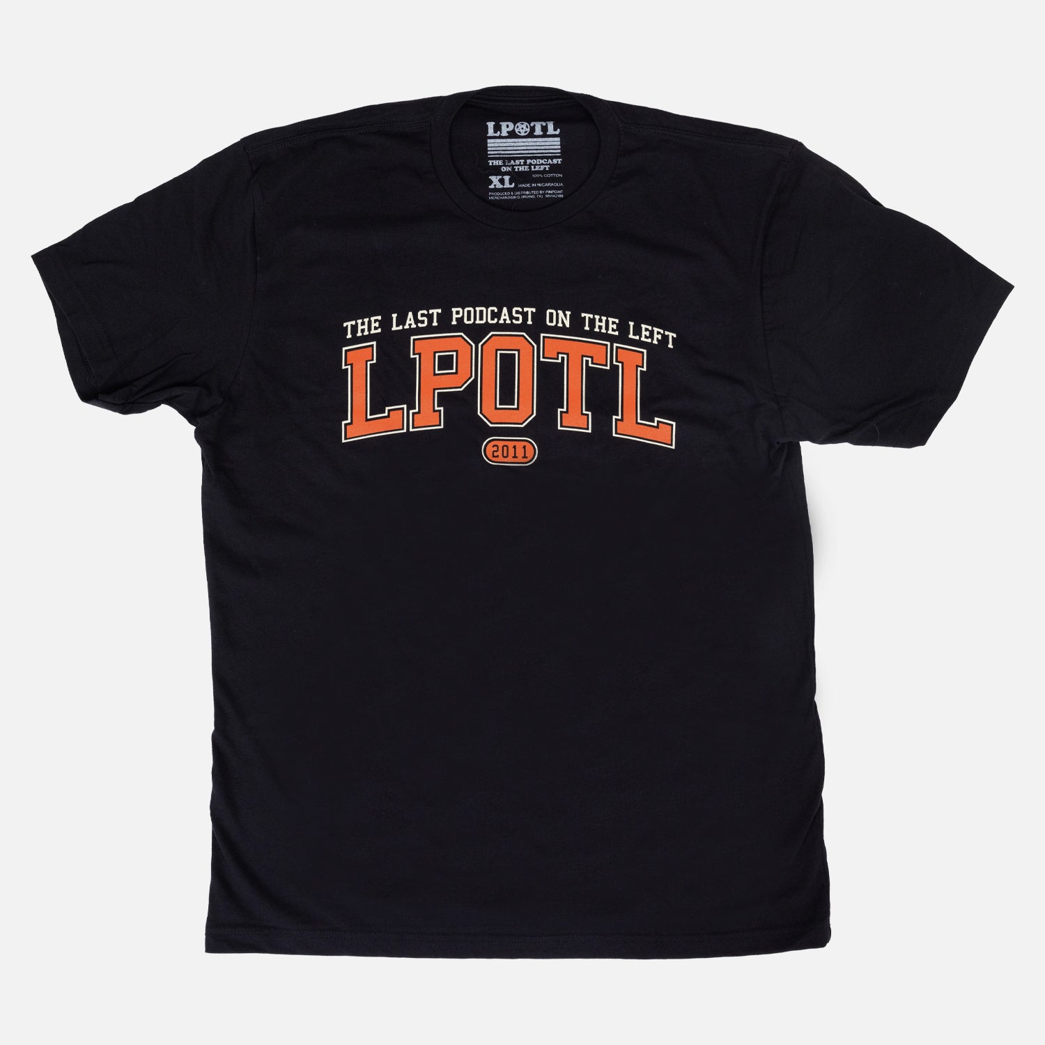 Black Collegiate style tee with text "THE LAST PODCAST ON THE LEFT LPOTL 2011"