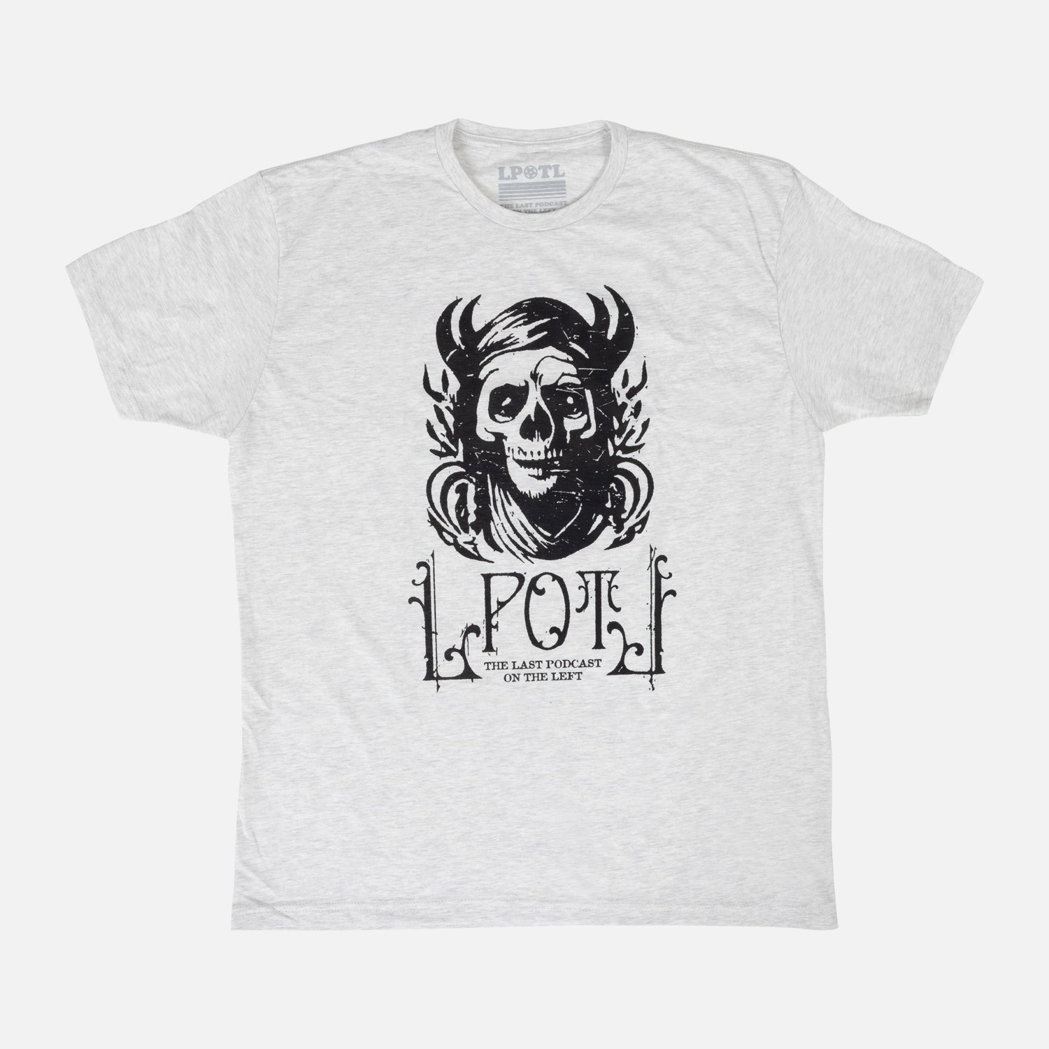 Oatmeal tee with graphic of pagan skull with text "LPOTL THE LAST PODCAST ON THE LEFT"