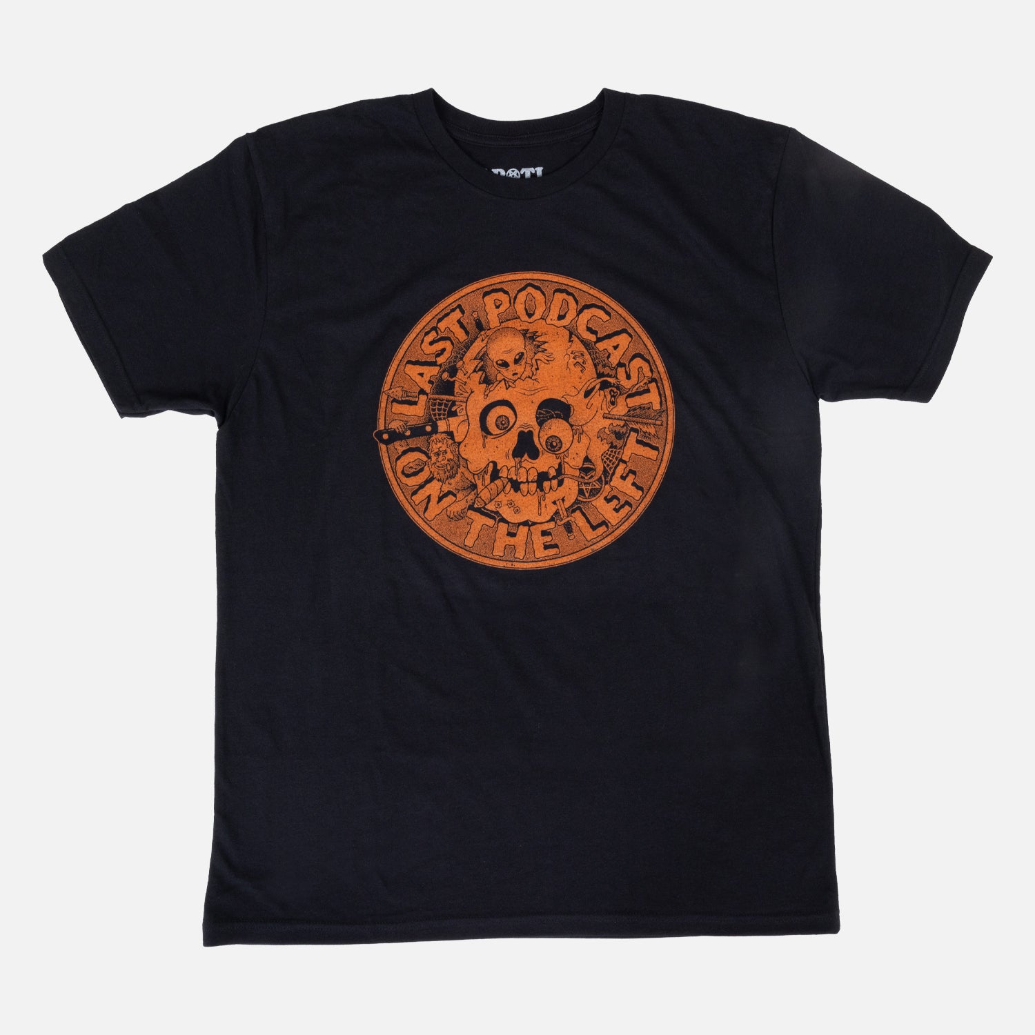 Black tee with orange skull graphic with text "LAST PODCAST ON THE LEFT"