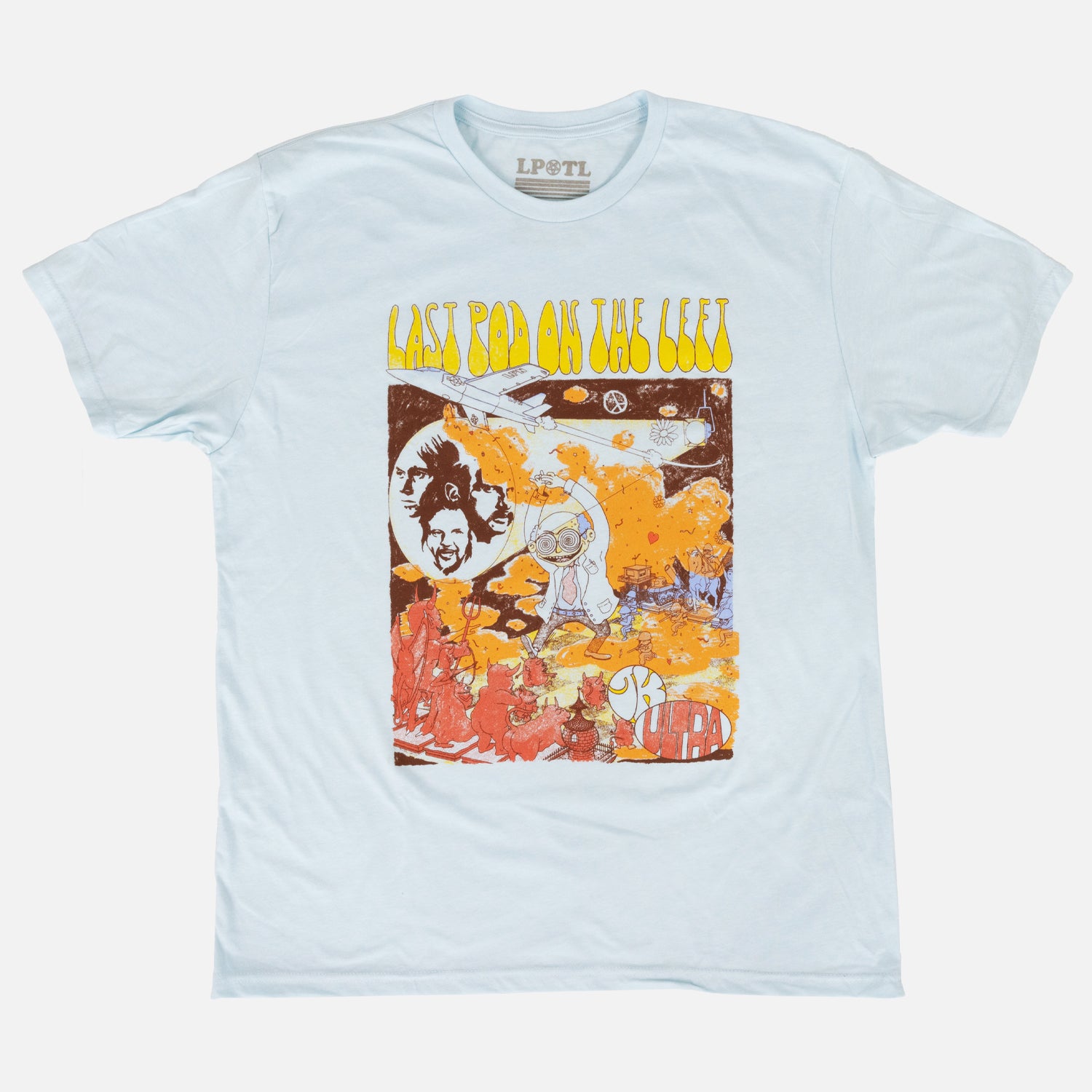 Ice blue tee with mad scientist graphic with yellow text "LAST POD ON THE LEFT"