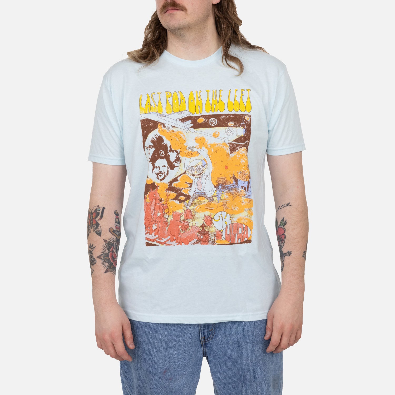 male model wearing Ice blue tee with mad scientist graphic with yellow text "LAST POD ON THE LEFT"