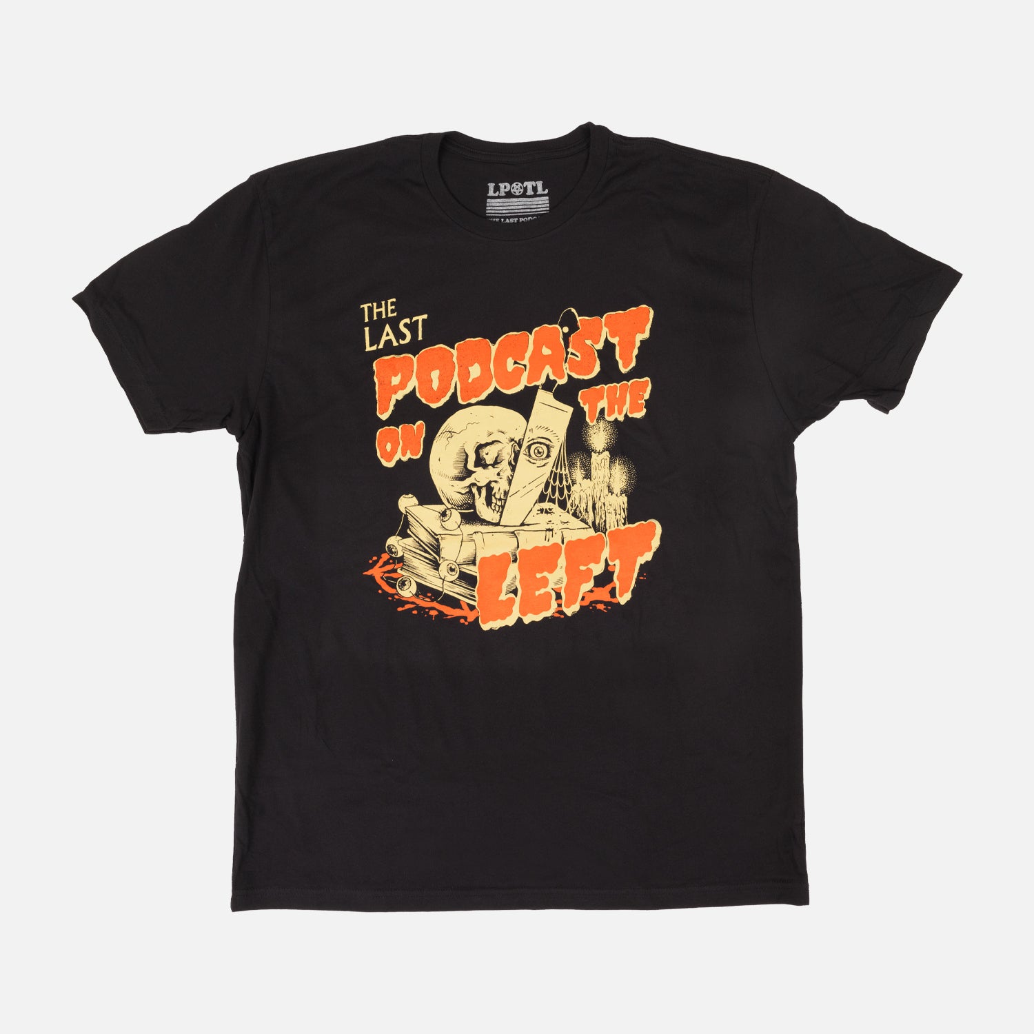 black tee with THE LAST PODCAST ON THE LEFT logo featuring skull knife and books and candle graphic