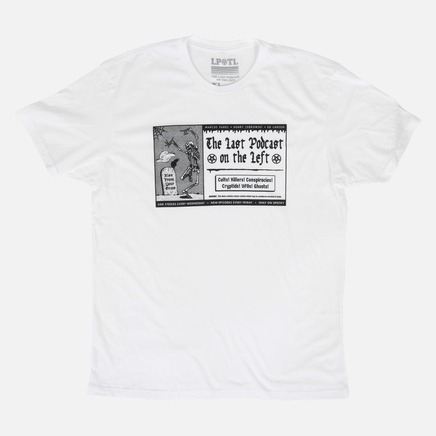 Crystal black tee with graphic of a skull with text "THE LAST PODCAST ON THE LEFT"