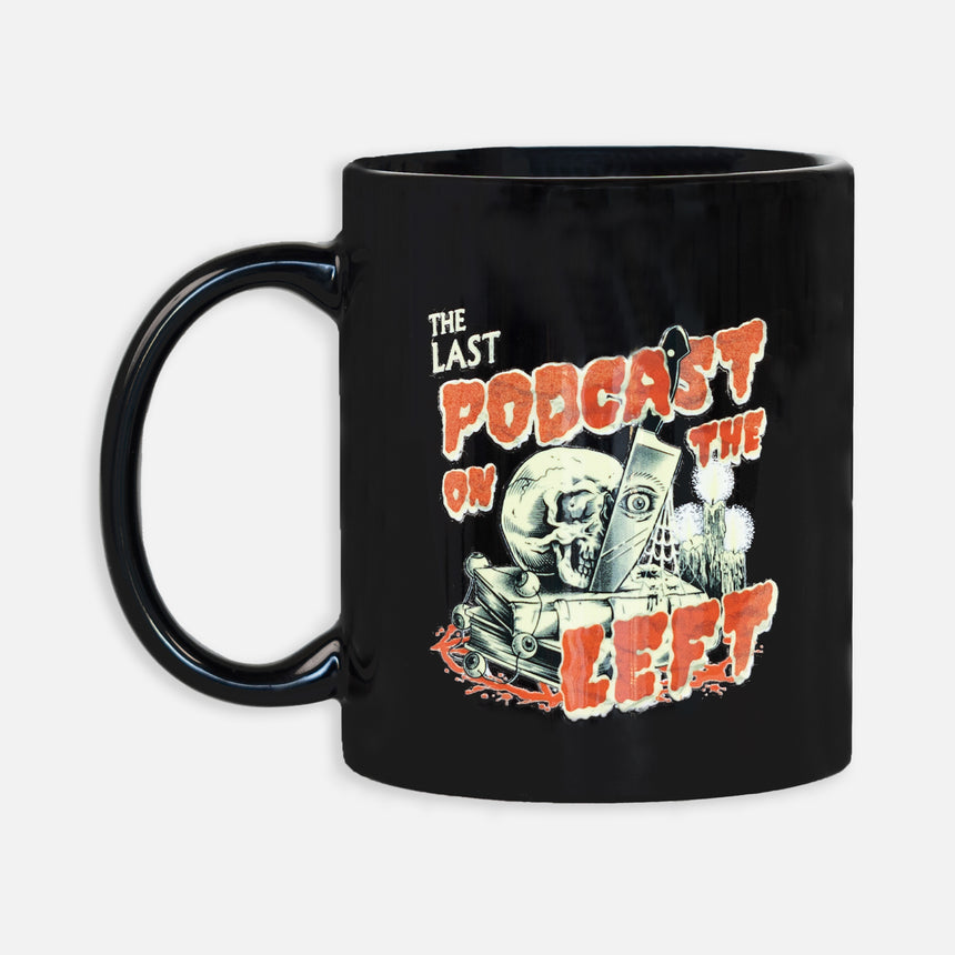 Black mug with "THE LAST PODCAST ON THE LEFT" logo featuring image of skull and knife on top of books