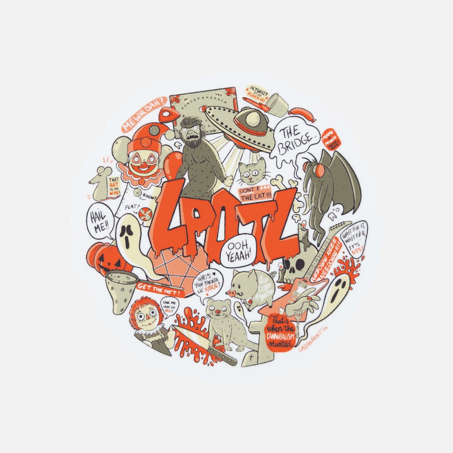 Sticker of various LPOTL themes with text "LPOTL" featuring Sasquatch, mothman, cat, flying saucer, clown, ghost, rat, pig, and skull, along with various other LPOTL references