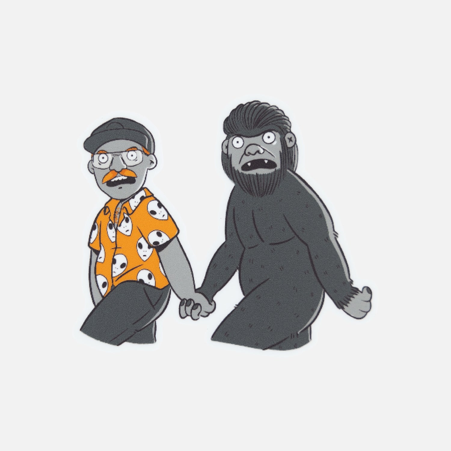 sticker of man holding hands with bigfoot
